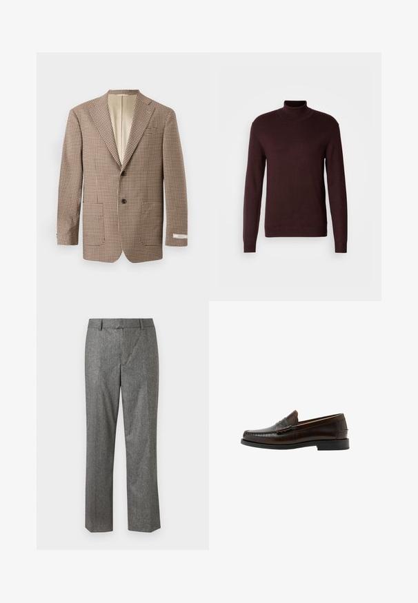 Blazer à carreaux marron et écru, avec des revers en pointe, deux poches avant et une fermeture à deux boutons, doublé de beige.; Pull à col roulé bordeaux en tissu tricoté doux, avec des manches longues, un corps ajusté et des poignets et un ourlet côtelés. Texture lisse, design minimal.; Pantalons ajustés gris en tissu texturé, design à jambes droites, avec poches avant et taille plate. Pas de fermetures visibles.; Mocassin penny en cuir marron foncé avec bout moc cousu, talon bas et finition lisse, présenté de profil sur fond blanc.