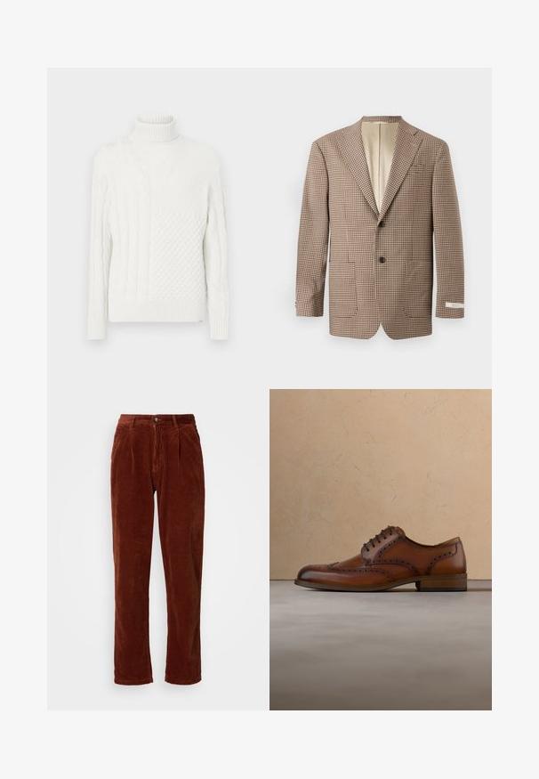 Blazer à carreaux marron et écru, avec des revers en pointe, deux poches avant et une fermeture à deux boutons, doublé de beige.; Pull col roulé blanc avec des motifs de tricot variés, y compris des textures en câble et en gaufre, avec des manches longues et des poignets et un ourlet côtelés.; Pantalons en velours côtelé d'une riche couleur marron ; avec un devant plissé, des jambes droites et une fermeture à bouton à la taille.; Chaussure brogue en cuir marron avec des lacets flottant au-dessus d'un tapis beige, canapé beige flou en arrière-plan.