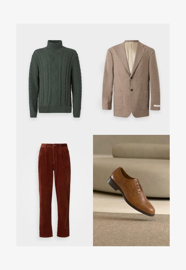 Bruine en crèmekleurige geblokte blazer, met notch-lapels, twee voorkruisen en een sluiting met twee knopen, afgewerkt met een beige voering.; Donkergroene kabelgebreide turtleneck trui met een ruit- en vlechtpatroon, geribde manchetten en zoom.; Katoenen corduroy broek in een rijke bruine kleur; heeft een geplooide voorkant, rechte pijpen en een knoopsluiting bij de taille.; Bruine leren brogue schoen met decoratieve perforaties, zwarte zool en veters, geplaatst boven een beige tapijt en in de buurt van een beige bank.