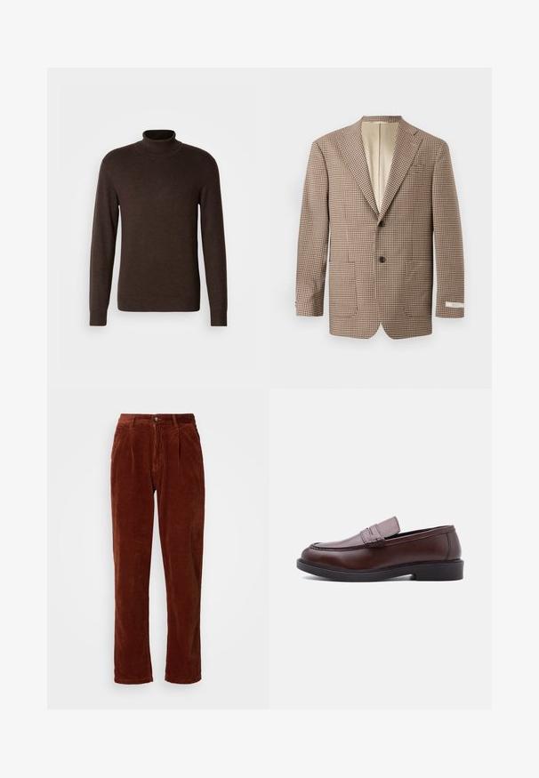 Bruine en crèmekleurige geblokte blazer, met notch-lapels, twee voorkruisen en een sluiting met twee knopen, afgewerkt met een beige voering.; Bruine coltrui van zacht materiaal, met lange mouwen en een ribgebreide kraag. Glad oppervlak met een aansluitend ontwerp.; Katoenen corduroy broek in een rijke bruine kleur; heeft een geplooide voorkant, rechte pijpen en een knoopsluiting bij de taille.; Bruine leren loafer met zwarte zool en gestikte details, zijaanzicht op witte achtergrond.