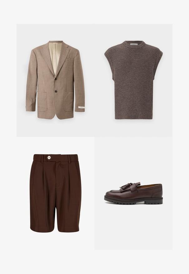 Blazer à carreaux marron et écru, avec des revers en pointe, deux poches avant et une fermeture à deux boutons, doublé de beige.; Haut sans manches en tricot marron avec une texture côtelée, un col montant et des fentes sur les côtés. Présente un ourlet ajusté et un tissu doux.; Shorts plissés marron en tissu lisse, avec une fermeture à bouton et des poches latérales. L'ourlet est droit avec des détails de couture minimaux.; Zign Mocassins de ville - brown