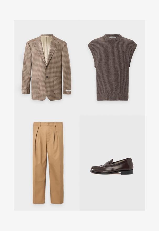 Brun og creme ternet blazer med slagkraver, to frontlommer og to-knaps lukning, samt en beige foring.; Brun strikket ærmeløs top med ribbet tekstur, høj krave og sideslidser. Har en tætsiddende kant og blødt stof.; Beige bomuldsbukser med afslappet pasform, plisseret design, talje med knaplukning og lige ben. Glat tekstur uden mønstre.; Brune læderloafers med en mokkasinstil tå, dekorative syninger og en lav hæl. Glat tekstur med en diskret glans.