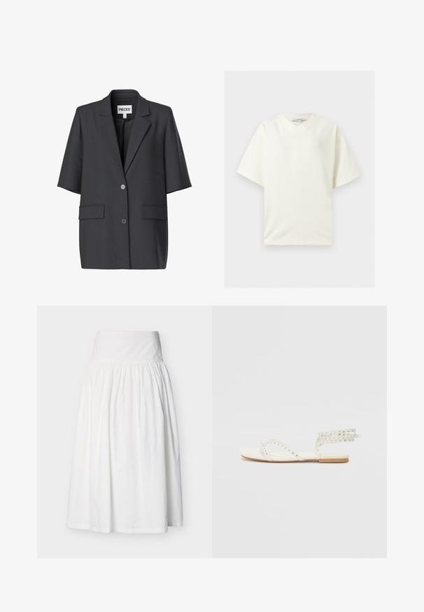 Sort kortærmet blazer med hakket revers, to forreste knapper og klaplommer, mærket med "PIECES" inde i kraven.; Hvid oversized T-shirt med korte ærmer og V-udskæring, lagt fladt ud med en TOPSHOP label indeni kraven.; Hvid midi-nederdel med høj talje, rynket stof og bred talje, vist på en jævn lysegrå baggrund.; Flade sandaler i hvidt stof med nitter, krydsede remme og ankelbind, med en minimalistisk sål.