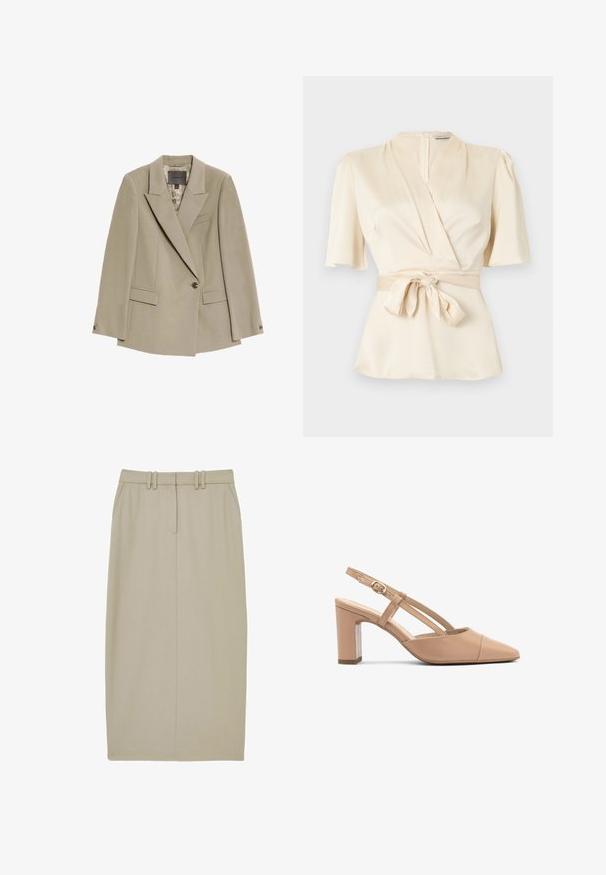 Blazer beige de botón único con solapas anchas, dos bolsillos frontales con solapa y un bolsillo de pechera, con un forro interior estampado.; Blusa texturizada color crema con mangas cortas, estilo cruzado con escote en V y cinturón atado en la cintura, mostrada sobre un fondo neutro.; Falda de lápiz beige hecha de una tela suave, con dos bolsillos frontales, una costura central y una cinturilla con dos pasadores horizontales.; Tacones de slingback de cuero beige con punta afilada, tacón cuadrado y correa con un pequeño hebilla dorada. Textura suave, diseño minimalista.