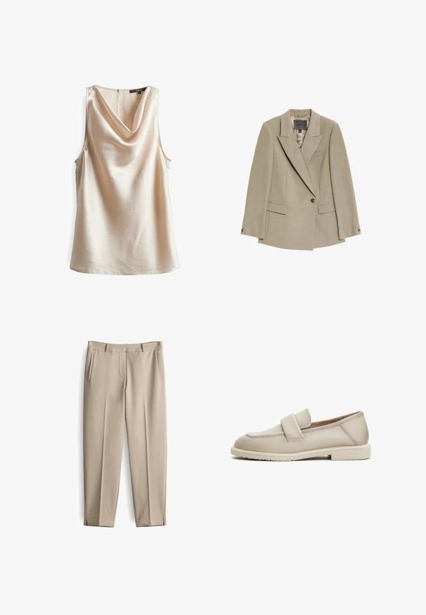 Beiger Ein-Knopf-Blazer mit breiten Revers, zwei aufgesetzten Fronttaschen und einer Brustpaspeltasche, versehen mit einem gemusterten Innenfutter.; Ärmelloses Top mit Cowl-Neck aus hellbeigem, strukturiertem Stoff mit subtiler Glanz. Verfügt über einen Reißverschluss im Rücken und einen lockeren Schnitt.; Beige Hosen mit glatter Textur, ausgestattet mit zwei seitlichen Taschen und einer vorderen Tasche. Eng zulaufendes Bein-Design mit gesteppten Details am Saum.; Beige Lederloafers mit glatter Textur, ausgestattet mit einem erhöhten Riemen über dem Obermaterial und einer niedrigen, flachen Gummisohle.