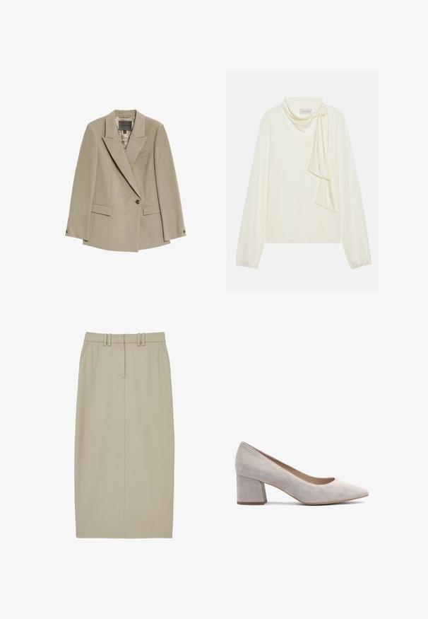 Beige enkeltknaps blazer med brede revers, to forlommer med flap og en brystlomme, der har et mønstret indvendigt fôr.; Cremefarvet langærmet top med V-hals og en knyttet tørklæde-detail på halsudskæringen. Glat tekstur med indsamlede ærmer.; Beige blyantskørt lavet af glat stof, med to forlommer, en enkelt midternaht og en talje med to vandrette bæltestropper.; Grå ruskind blokkens højhælede pumpe med spids tå, glat tekstur og lav åbningskant for nem påføring. Solid hæl giver stabilitet.