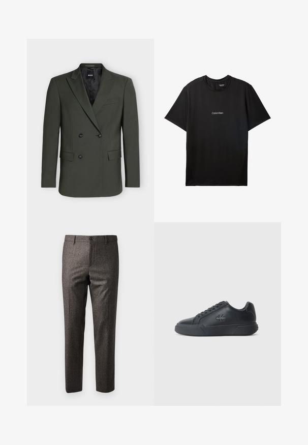 Tume roheline topeltkarvaga bleiser sälkidega, kahe esiklapiga tasku ja nelja musta nupuga ees.; Must Calvin Klein lühikeste varrukatega T-särk ümarate kaelusega ja väike valge Calvin Kleini logo rinnal keskelt.; Pruun herringbone-stiilis püksid, millel on sale lõige, esi-nööbiga kinni peetavad ja küljetaskud, valmistatud tekstureeritud kangast, millel on õrn sära.; Mustad mustkatsed on ümmarguse varvastega, lamedate tallaga ja paeltega disainiga. Märkimisväärsed detailid hõlmavad külje peal asuvat diskreetset logo.