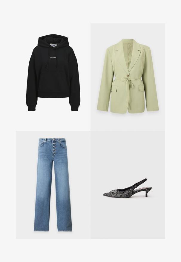Lichtgroene getailleerde blazer met lange mouwen, inkeping revers, knoopsluiting, stoffen tailleceintuur en twee klepzakken aan de voorkant.; Zwarte hoodie met voorzak, capuchon met trekkoorden, geribbelde boorden en zoom, en kleine witte tekst "JJXX STUDIO" gecentreerd op de borst.; Lichtblauwe denim jeans met rechte pijpen, een hoge taille en vijf zichtbare metalen knopen op de voorste gulp.; Zwarte slingback kittenheel met puntige neus, gestructureerd patroon en zilveren gespsluiting op een witte achtergrond.