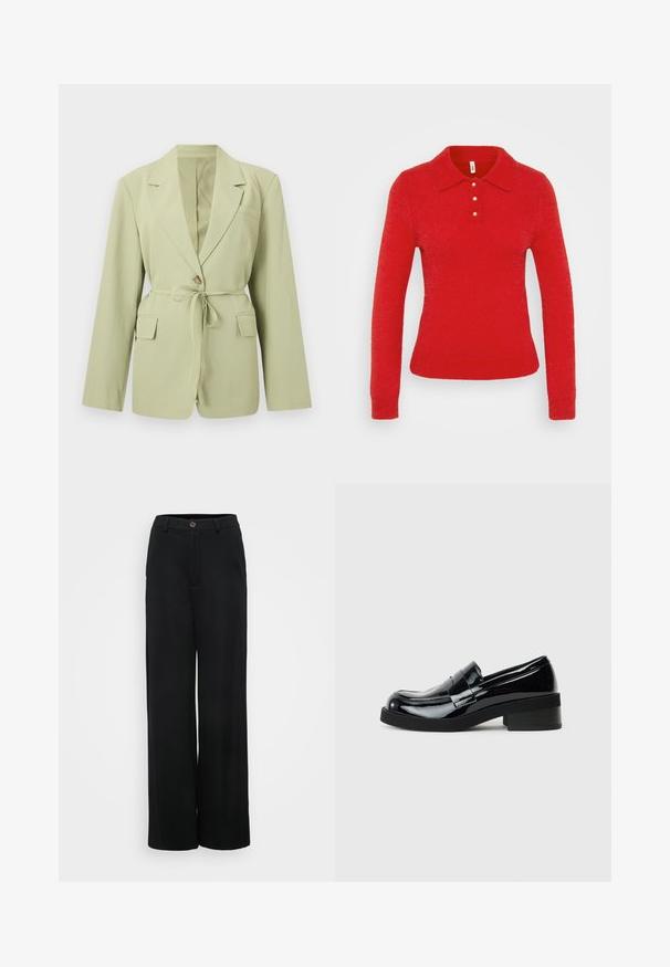 Lichtgroene getailleerde blazer met lange mouwen, inkeping revers, knoopsluiting, stoffen tailleceintuur en twee klepzakken aan de voorkant.; ONLY Tall ONLPETRA POLO BLING - Trui - salsa; Zwarte wijde broek met een gladde textuur, voorzien van een knoopsluiting en voorzakken. Klassiek en veelzijdig ontwerp geschikt voor verschillende gelegenheden.; Zwarte lakleren instappers met een ronde neus, lage blokhak en een gladde, glanzende afwerking. Beschikt over een decoratieve band aan de voorkant.
