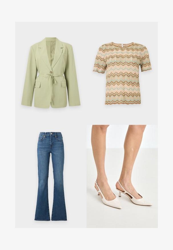 Lysegrøn skræddersyet blazer med lange ærmer, hakkede slag, knaplukning, stofbælte i taljen og to forlommer med klap.; Strikbluse med korte ærmer og zigzag-mønster i beige, lysegrønne og brune toner, med rund halsudskæring og bølgede kanter.; Blå højtaljede denimjeans med let falmet effekt, knap- og lynlås foran, fem lommer og vidde ben mod en ensfarvet hvid baggrund.; Beige patenterede læder slingback hæle med spids tå og 5 cm hæl, med udskårne sider og en tynd ankelrem.