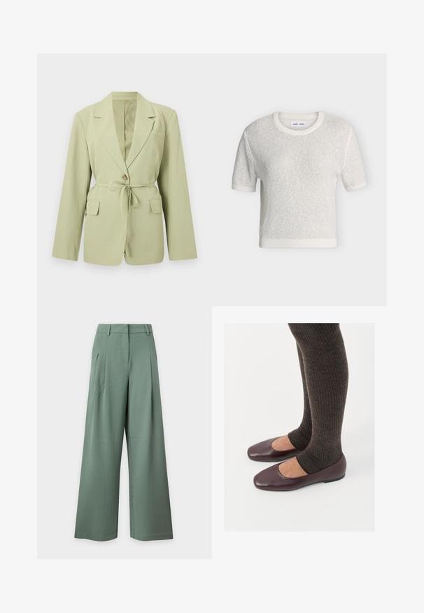 Blazer ajusté vert clair à manches longues, col à revers cranté, fermeture par boutons, ceinture en tissu à la taille, et deux poches avant avec rabat.; Haut tricoté blanc texturé à manches courtes, col rond et poignets côtelés, présenté sur un fond neutre.; Pantalon taille haute à jambes larges en vert doux avec passants de ceinture, poches latérales et plis devant sur un fond clair.; Ballerines en cuir verni bourgogne à bout carré, accompagnées de chaussettes en tricot côtelé marron foncé atteignant le molet.