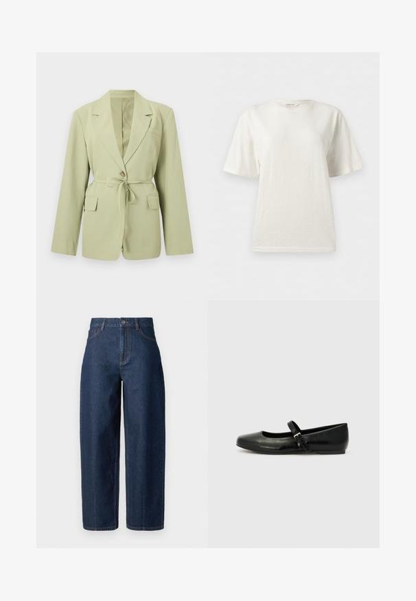 Blazer ajusté vert clair à manches longues, col à revers cranté, fermeture par boutons, ceinture en tissu à la taille, et deux poches avant avec rabat.; T-shirt blanc uni à manches courtes avec col rond, coupe décontractée et étiquette de marque visible au niveau du col.; Jeans en denim bleu foncé taille haute, à jambe droite, avec fermeture à boutons, passants de ceinture, et poches avant et arrière, sur fond blanc.; Ballerines en cuir noir avec un bout arrondi, une semelle plate et une fine sangle ajustable sur le cou-de-pied avec une boucle en métal.
