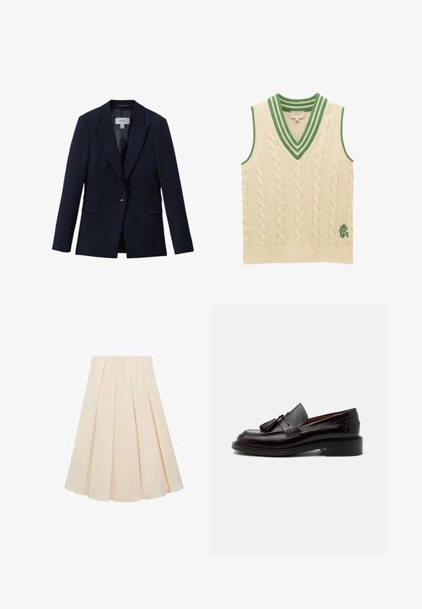Blazer bleu marine à un bouton avec revers crantés, deux poches avant à rabat et une poche poitrine passepoilée, conçu pour femmes.; Gilet sans manches en maille torsadée crème avec un col en V rayé vert et un logo vert brodé près de l'ourlet.; Jupe plissée en tissu couleur crème ; elle présente une texture douce, un design mi-long et des plis symétriques s'étendant de la taille jusqu'à l'ourlet.; Mocassin en cuir marron foncé avec pampilles, détails cousus et un petit talon empilé sur un fond clair uni.