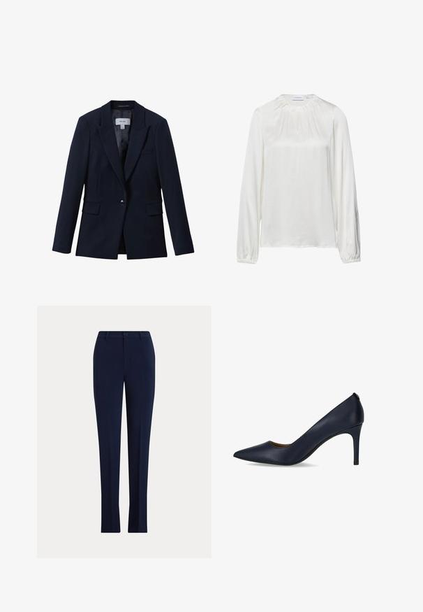 Marineblauwe blazer met één knoop, notched revers, twee voorzakken met klep en een borstzak, ontworpen voor dames.; Witte blouse met lange mouwen van soepel stof, met een geplooide halslijn en elastische manchetten, met een iets losse pasvorm.; Donkerblauwe, op maat gemaakte rechte broek met een knoop en riemlussen op een lichte achtergrond.; Marineblauwe hoge pump van soepel leer, met een spitse neus en een slanke hak. Eenvoudig ontwerp zonder extra versieringen.