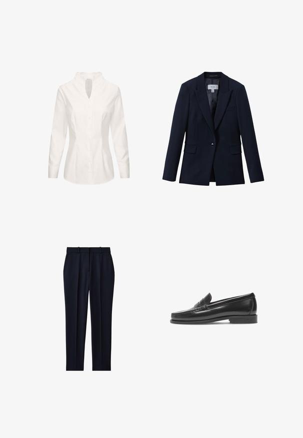 Blazer bleu marine à un bouton avec revers crantés, deux poches avant à rabat et une poche poitrine passepoilée, conçu pour femmes.; Blouse blanche en coton, avec un col mandarin, des manches longues, une fermeture à boutons sur le devant et une coupe cintrée. Texture lisse et design épuré.; Pantalon bleu marine sur mesure avec passants de ceinture, poches latérales, pli sur le devant et coupe droite.; Mocassins en cuir noir avec une finition lisse, un petit talon et une bande décorative. Présente un bout cousu et un design minimaliste.