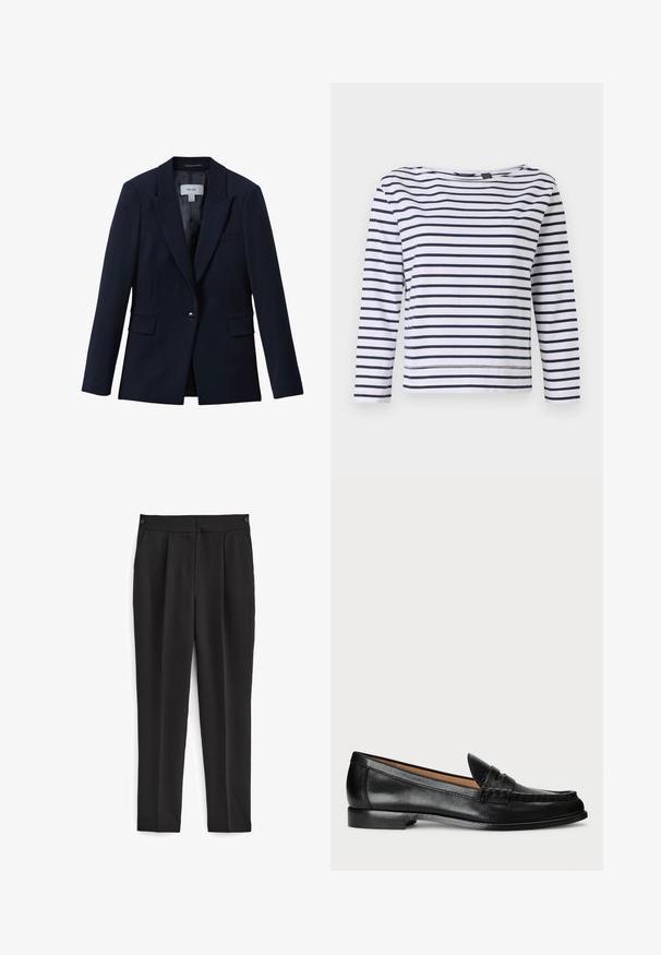 Marineblå blazer med enkelt knap, notched revers, to klaplommer foran og en brystlomme, designet til kvinder.; Stribet langærmet top i hvid og marineblå, med en bådudskæring og en afslappet pasform. Lavet af blødt bomuldsstof med syede kanter.; Sorte bukser med skræddersyet pasform, med flad front, to sidelommer og et rent, sømløst design. Fremstillet af et glat, åndbart stof.; Lauren Ralph Lauren WYNNIE - Loafers - black