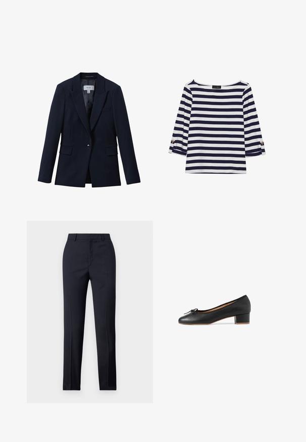 Blazer bleu marine à un bouton avec revers crantés, deux poches avant à rabat et une poche poitrine passepoilée, conçu pour femmes.; Haut rayé bleu marine et blanc à manches longues avec un col bateau et des accents de boutons dorés sur les manches retroussées. Tissu doux, coupe décontractée.; Pantalons ajustés bleu marine avec une coupe droite, présentant une texture lisse, deux poches avant et une taille épurée.; Ballerines en cuir noir avec un bout arrondi, un petit talon bloque et une bordure en tissu. Présente un nœud décoratif sur la zone des orteils.