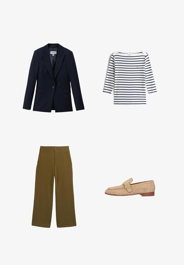 Marineblauwe blazer met één knoop, notched revers, twee voorzakken met klep en een borstzak, ontworpen voor dames.; Wit overhemd met lange mouwen met marineblauwe horizontale strepen en een klein rood, wit en blauw logo op de linkerborst.; Brede broek in olijfgroene stof, met een zachte textuur en zonder zichtbare sluitingen. Ontworpen voor een relaxte fit met strakke lijnen.; Beige suède lederen loafer met gouden gespband, lage houten hak, mocassinnaaistik aan de neus en merkembleem aan de zijkant.