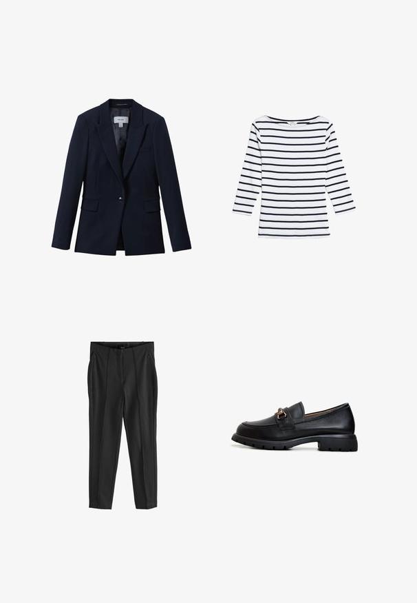 Marineblå blazer med enkelt knap, notched revers, to klaplommer foran og en brystlomme, designet til kvinder.; Marks & Spencer STRIPED SLASH NECK - Langærmet T-shirt - white mix; Sorte bukser med en glat tekstur, udstyret med lommer med lynlås foran og udtryksfulde folder. Minimalistisk design med en skræddersyet pasform.; Sort læder loafersko med rund tå, dekorativt guldsmykke og en robust gummisål med et struktureret grebmønster.
