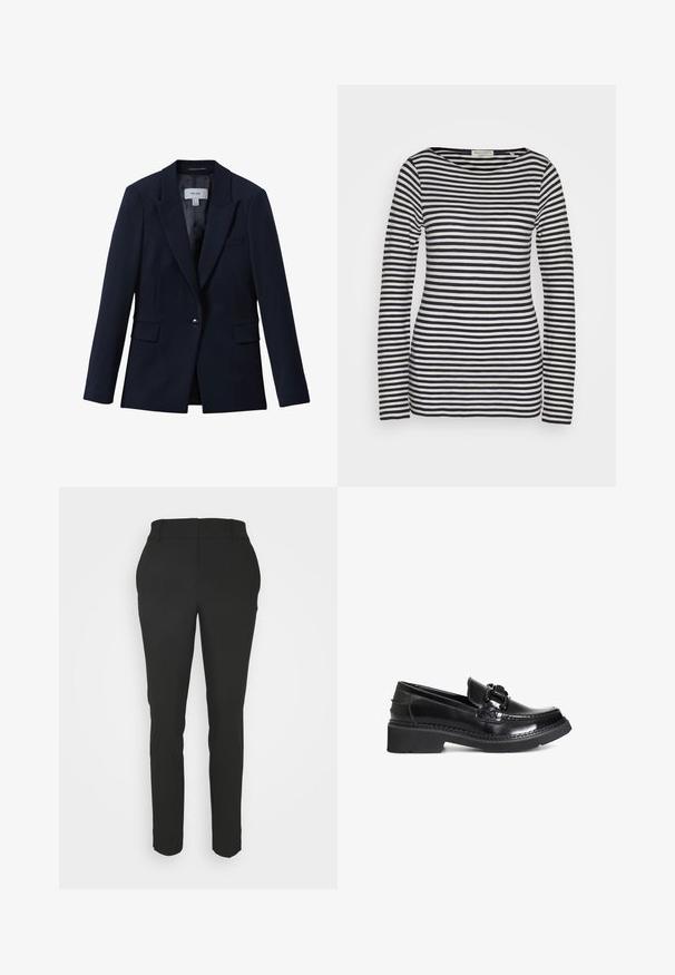 Blazer azul marino de un solo botón con solapas con muesca, dos bolsillos delanteros con solapas y un bolsillo en el pecho, diseñado para mujeres.; Top de manga larga en algodón, con rayas horizontales en azul marino y blanco, cuello redondo, corte ajustado, con textura suave y diseño minimalista.; Pantalones negros ajustados de corte entallado, con una textura suave y una cinturilla plana. Presentan presillas para cinturón y sin patrones o acentos visibles.; Mocasines de charol negro con puntera redonda, un acento trenzado y una suela de goma negra gruesa. Textura suave y diseño elegante.