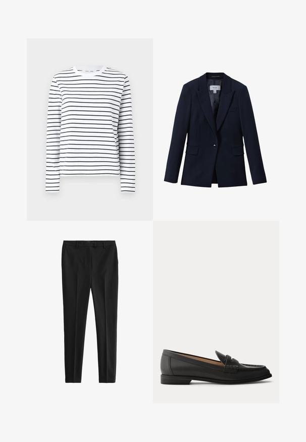 Marineblå blazer med enkelt knap, notched revers, to klaplommer foran og en brystlomme, designet til kvinder.; Langærmet skjorte i hvid bomuld med sorte horisontale striber. Har en rund halsudskæring og en afslappet pasform. Ingen bemærkelsesværdige accenter eller mønstre.; Sorte bukser lavet af glat stof, med skræddersyet pasform, frontfolder og bæltestropper, samt sidelommer og baglommer.; Sort dames loafer i læder med lav hæl, rundet tå og syninger på overdelen, vist fra siden på en ensfarvet baggrund.