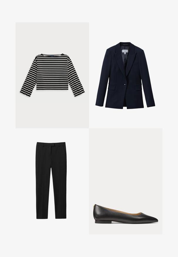 Marineblå blazer med enkelt knap, notched revers, to klaplommer foran og en brystlomme, designet til kvinder.; Sorte og hvide stribede langærmede crop top med rund halsudskæring. Har blødt stof og et logo-patch på venstre ærme.; Sorte bukser med skræddersyet design, flad front, to sidelommer og lige benudskæring. Fremstillet af glat stof med en subtil glans.; Sort læder flad sko med spids tå, lav hæl og glat finish, vist fra siden på en ensfarvet lys baggrund.