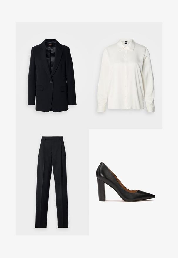 Blazer negro con solapa muescada, cierre de un solo botón, dos bolsillos frontales y un suave forro de satén. Corte entallado y diseño estructurado.; Camisa blanca de manga larga confeccionada en tela lisa, con cuello clásico, cierre frontal de botones y puños abotonados, con un corte relajado.; Pantalones negros de tela suave con cintura alta, piernas amplias, pliegues frontales y lazos de cinturón clásicos. No hay bolsillos laterales visibles.; Zapato de tacón alto de cuero negro con punta afilada, acabado texturizado y tacón grueso. Diseño sencillo con un forro interior suave.