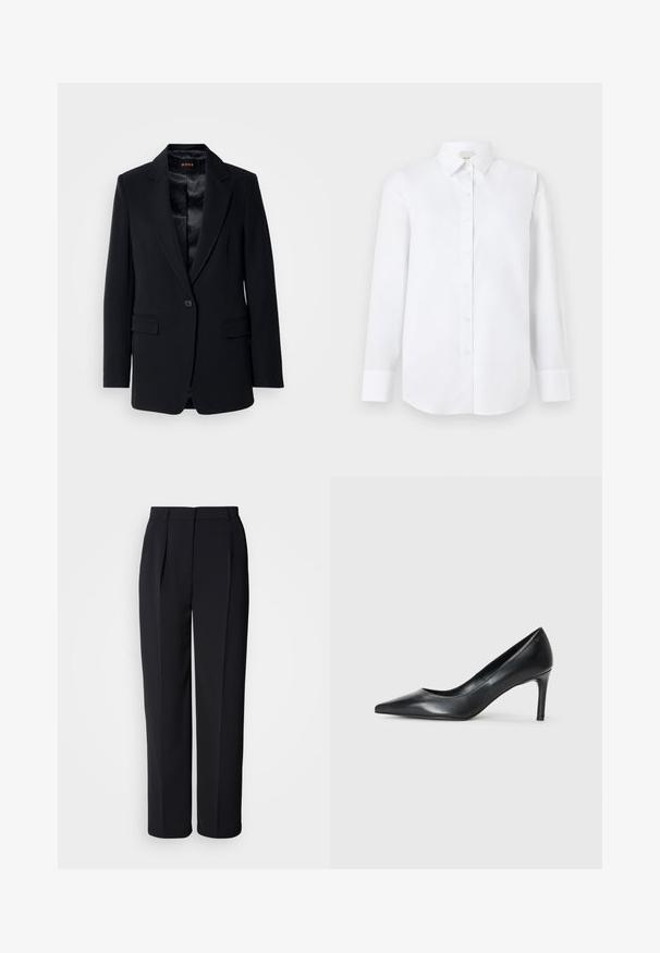 Sort blazer med v-spids krave, enkelt knaplukning, to forlommer og en glat satinforing. Skræddersyet pasform og struktureret design.; Hvid langærmet skjorte lavet af glat stof, med knaplukning foran, klassisk krave og rundet bagkant med knappede manchetter.; Sorte, skræddersyede bukser med lige ben, forkanter med læg, bæltestropper og skjult lukning foran mod en hvid baggrund.; Sorte læder spidse pumps med en slank hæl, glat tekstur og ingen synlige udsmykninger. Rent design med en minimalistisk æstetik.