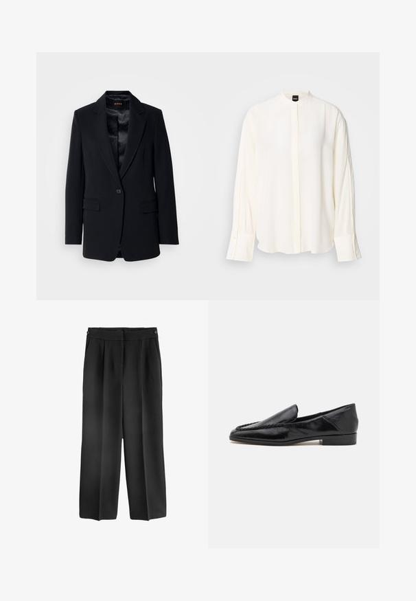 Sort blazer med v-spids krave, enkelt knaplukning, to forlommer og en glat satinforing. Skræddersyet pasform og struktureret design.; Langærmet, cremefarvet bluse lavet af glat stof; mandarin-krave, forflap, knappede ærmekanter og en afslappet pasform.; Sorte breddebenede bukser med høj talje, der har frontfoldninger og sidelommer. Fremstillet af et glat, letvægtsstof.; Sorte læder loafers med en glat overflade, der har en syet detalje langs forkanten og en lav, firkantet hæl.