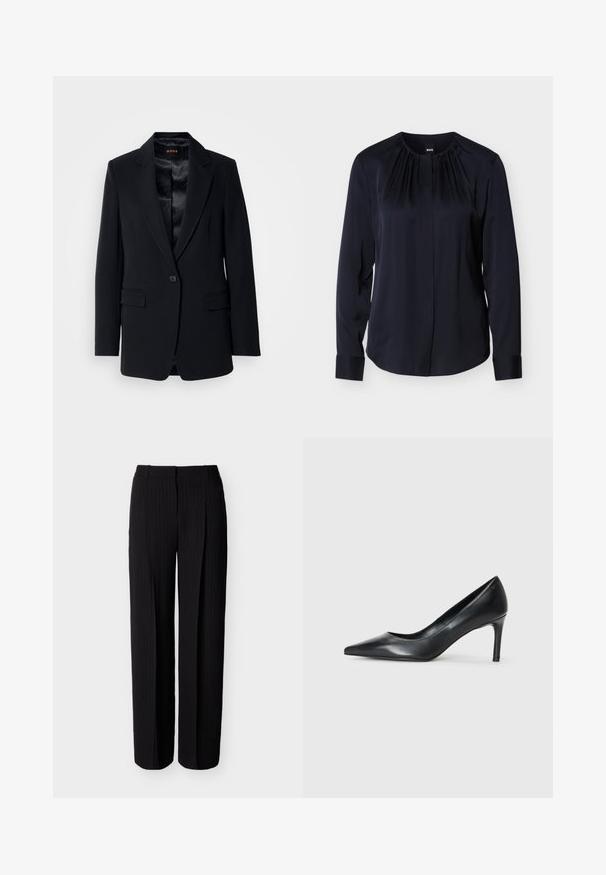 Schwarzer Blazer mit Reverskragen, einem Knopfverschluss, zwei frontalen Taschen und einem glatten Satinfutter. Taillierte Passform und strukturiertes Design.; Marineblaue Bluse mit langen Ärmeln, plissiertem Ausschnitt und Knopfverschluss. Glatter Stoff mit Manschetten und leicht tailliertem Schnitt.; Schwarze, maßgeschneiderte Hose mit dezenten Nadelstreifen und geradem Beinverlauf, ausgestattet mit einem Bund mit Gürtelschlaufen und vorderen Bügelfalten.; Schwarze Leder-Pumps mit spitzem Zehenbereich und schmalem Absatz, glatter Textur und ohne sichtbare Verzierungen. Sauberes Design mit minimalistischem Ästhetik.