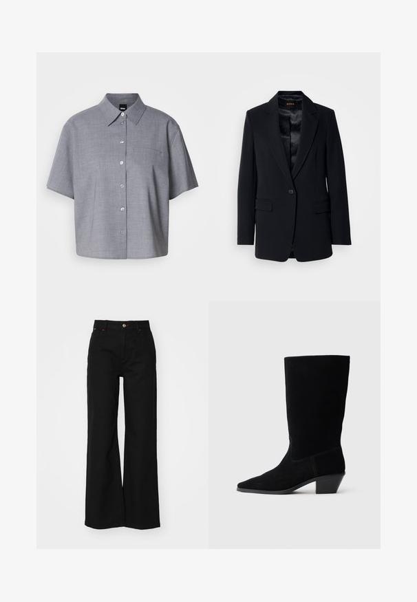 Sort blazer med v-spids krave, enkelt knaplukning, to forlommer og en glat satinforing. Skræddersyet pasform og struktureret design.; Grå kortærmet skjorte lavet af letvægtsstof, med krave, knaplukning foran, en enkelt brystlomme og en afslappet pasform.; Sorte bredde bukser lavet af denim med høj talje, featuring en front lynlås, knaplukning og røde detaljer i syningerne.; Sort ruskind ankelstøvle med spidse tæer, mellemhøj skaft og en chunky hæl. Fuldender et minimalistisk design med lidt syninger og en glat tekstur.
