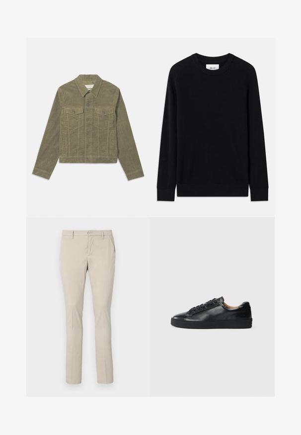 Veste en velours côtelé vert olive avec un col classique, fermeture à bouton à l'avant, deux poches poitrine et poches latérales ; détail en tissu texturé.; Pull noir à côtes avec un col rond, des manches longues et une texture tricotée. Présente un ourlet droit et une étiquette de marque discrète à l'intérieur.; Chinos beige avec une coupe droite, dotés de poches latérales et d'une texture de tissu lisse. Aucuns motifs visibles ni détails métalliques.; Baskets en cuir noir avec une texture lisse, bout rond et fermeture à lacets. Comprend une semelle en caoutchouc épaisse et un minimum de détails de marque.