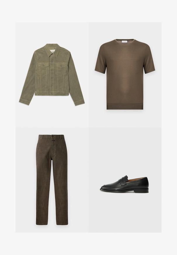 Veste en velours côtelé vert olive avec un col classique, fermeture à bouton à l'avant, deux poches poitrine et poches latérales ; détail en tissu texturé.; Pull en maille vert olive à manches courtes avec encolure ronde et ourlet côtelé, présenté sur fond blanc uni.; Pantalons en velours côtelé marron avec des rayures verticales, une coupe droite et une fermeture à bouton à l'avant. Texture lisse avec un design classique.; Mocassin en cuir noir avec un bout arrondi, des coutures subtiles et un talon bas, présentant une texture lisse et un design minimaliste.