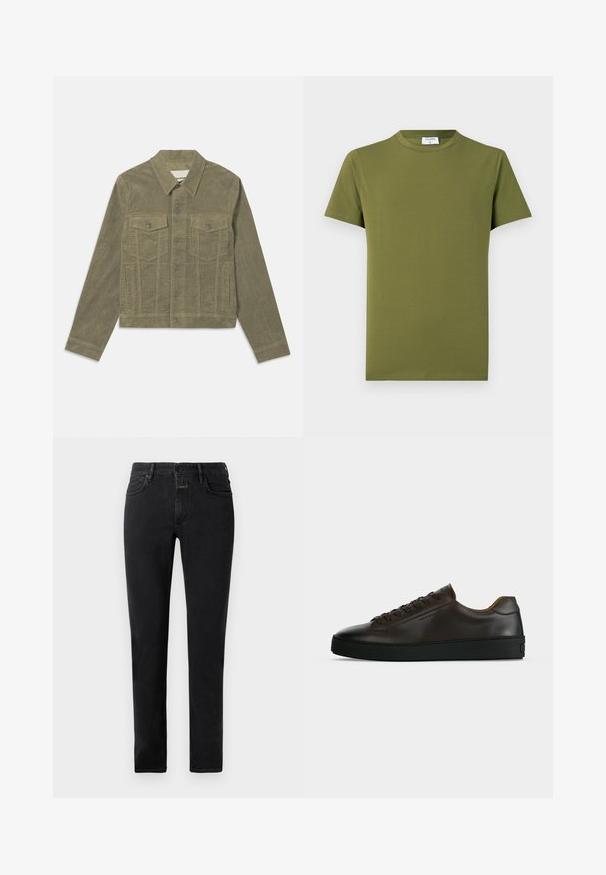 Veste en velours côtelé vert olive avec un col classique, fermeture à bouton à l'avant, deux poches poitrine et poches latérales ; détail en tissu texturé.; T-shirt manches courtes de couleur vert olive, fabriqué en tissu doux et lisse. Col rond classique, lignes épurées, sans motifs ni accents visibles.; Jean slim noir avec cinq poches, fermeture par bouton et passants de ceinture posés à plat sur un fond clair.; Baskets basses en cuir marron foncé avec semelle en caoutchouc noire, lacets à l'avant et design minimaliste épuré sur fond clair.