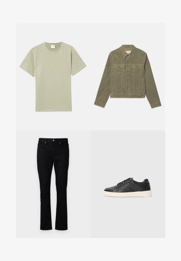 Olivengrønt fløjlskop med klassisk krave, frontlukning med knapper, to brystlommer og sidelommer; tekstureret stofdetalje.; Lys grøn kortærmet t-shirt med rund hals og et lille broderet logo nederst til venstre foran.; Sorte denim jeans med lige ben, der har en mid-rise talje, fem lommer og metalhardware detaljer. Glat tekstur.; Sort lædersneaker med struktureret overflade, rund tå og flad hvid gummisål. Har sorte snørebånd og branding på hælen.