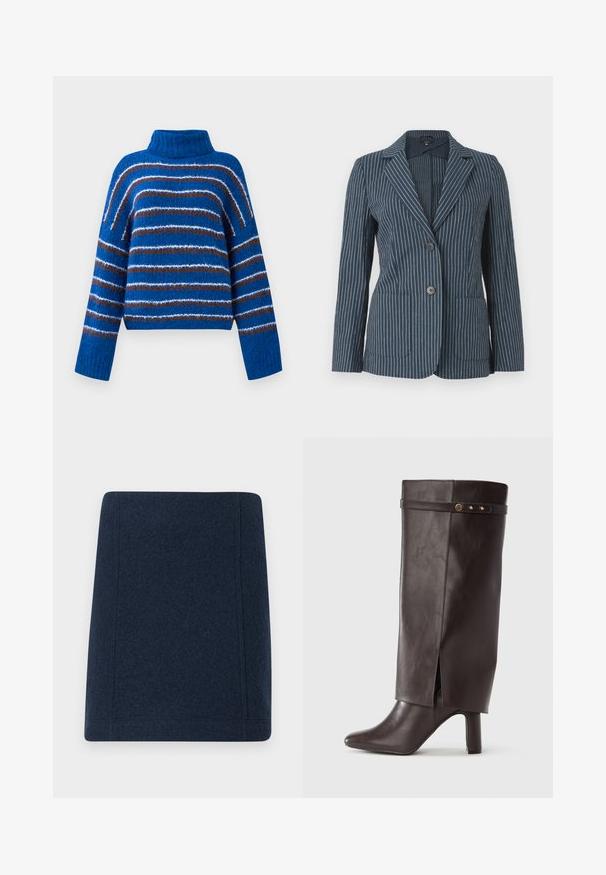 Blå blazer med hvide lodrette nålestriber, to forreste knapper, ikkechedede reverser og to påsatte lommer, vist på en ensfarvet baggrund.; Blå turtleneck sweater med horisontale brune, hvide og lyseblå striber, lange ærmer og ribbede mansjetter.; Marine uld mini nederdel med en lige form, flade sømme og en glat tekstur. Ingen synlige mønstre eller udsmykninger.; Brun læder knælang støvle med spids tå, blokhæl og en ombukket top, sikret med en dekorativ rem med gyldne accenter.