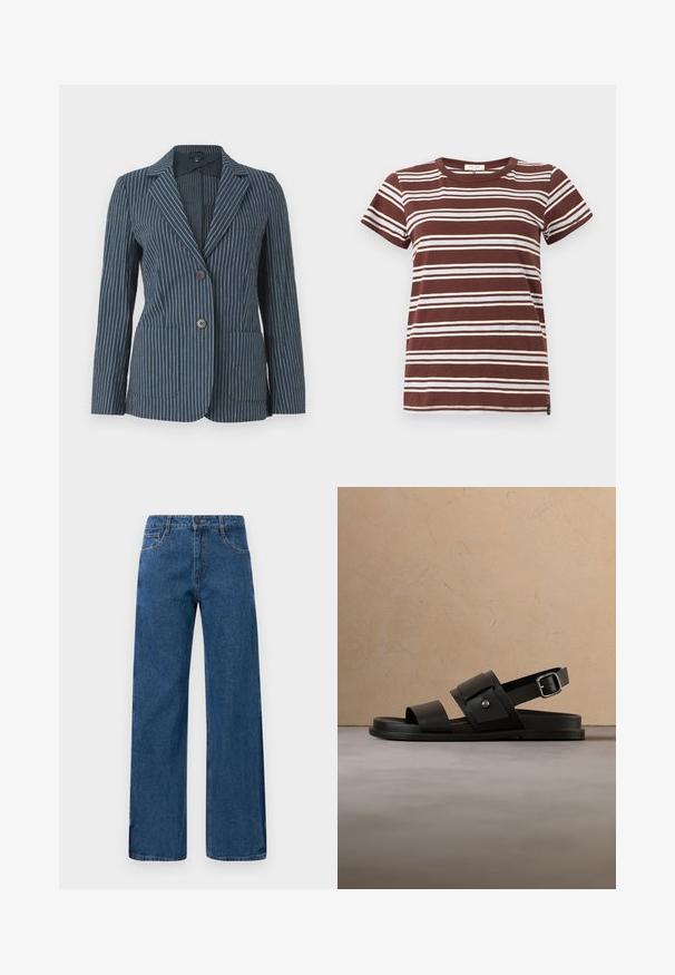 Blauwe blazer met witte verticale fijne strepen, twee knopen aan de voorkant, nietched revers en twee opgestikte zakken, weergegeven op een effen achtergrond.; Bruin gestreept T-shirt met horizontale witte strepen, korte mouwen en een klassieke ronde hals, gemaakt van zachte katoen.; Blauwe high-waisted wijdijjeans met voor- en achterzakken, knoopsluiting en zichtbare stiksels op een witte achtergrond.; Zwarte lederen sandaal met twee brede banden en een gesp, binnen getoond op een beige tapijt met meubelachtergrond.