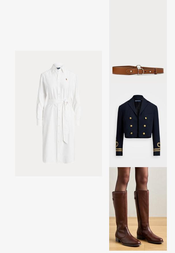 Marineblauwe cropped jas van gladde stof, met gouden dubbelknopen en gouden geborduurde accenten op de mouwen.; Witte blousejurk met lange mouwen, kraag, taillint en klein geborduurd logo op de linkerborst.; Anna Field LEATHER - Laarzen - brown; Leren riem in bruin met een gladde textuur, voorzien van witte stiksels, een ronde zilveren gesp en een eenvoudig ontwerp met riemgaten.
