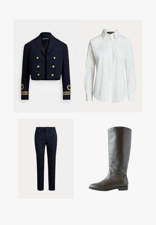 Marinblå cropped jakke lavet af glat stof, med gyldne dobbeltknapper og gyldne broderede detaljer på ærmerne.; Hvid langærmet skjorte med knapper, klassisk krave og synlige knapper foran, vist på en ensfarvet baggrund.; Marineblå chinos lavet af bomuldsblanding med et tilspidset fit, flad front, sidelommer og en enkelt baglomme; har et lille guldlogo.; Brun læder knæhøj støvle med en glat overflade, rund tå og minimal syning. Sålen er flad med en lav hæl.