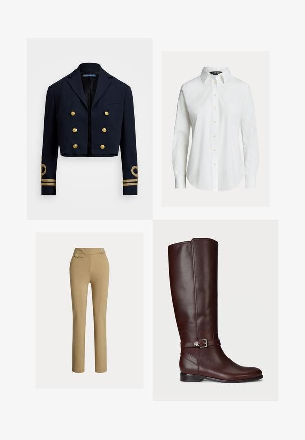 Marinblå cropped jakke lavet af glat stof, med gyldne dobbeltknapper og gyldne broderede detaljer på ærmerne.; Hvid skjorte med lange ærmer, knapper foran, spids krave og let buet kant.; Beige slim-fit kvindebukser med høj talje, to knapper i siden og en lille lomme med knap nær taljebåndet.; Brune læderknæ-høje støvler med en glat overflade, sølvfarvet spændeaccent og en lav stabelhæle. Har diskret syninger.