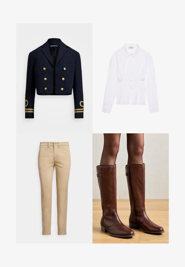 Marinblå cropped jakke lavet af glat stof, med gyldne dobbeltknapper og gyldne broderede detaljer på ærmerne.; Hvid langærmet bluse med klassisk krave, knaplukning foran og samlede side detaljer. Glat stof med en skræddersyet form.; Beige bomuldschinos med lige pasform, der har knaplukning, forlommer og syningsdetaljer langs sømmene.; Anna Field by Zalando LEATHER - Høje støvler/ Støvler - brown