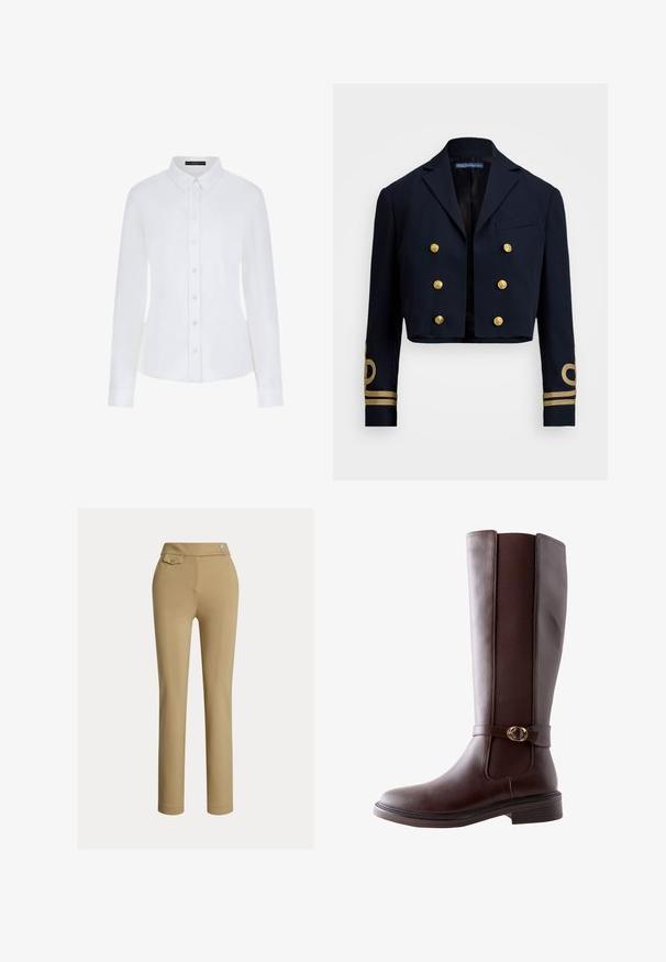 Marineblauwe cropped jas van gladde stof, met gouden dubbelknopen en gouden geborduurde accenten op de mouwen.; Witte lange mouwen shirt met een kraag, knoopsluiting aan de voorkant en manchetten. Gemaakt van soepel materiaal met een getailleerd ontwerp en zonder zichtbare patronen.; Beige slim-fit vrouwenbroek met hoge taille, twee knopen aan de zijkant en een klein knoopsluiting flapzakje nabij de tailleband.; Next STANDARD FIT - FOREVER COMFORT ROUND BUCKLE DETAIL - Laarzen - new chocolate brown