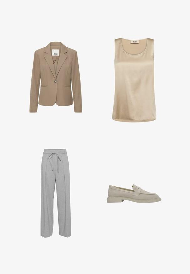 Beige taillierter Blazer mit Reverskragen, einzelner Knopfverschluss und zwei Vordertaschen, aus glattem Stoff mit leichtem Glanz.; Ärmelloses beiges Satinoberteil mit rundem Ausschnitt und Mos Mosh Etikett innen am Kragen.; Graue Leinen-Hose mit weitem Bein und hohem Bund, ausgestattet mit einem Kordelzug, Falten an der Vorderseite und einer weichen, strukturierten Oberfläche.; Beige Wildleder-Slipper mit niedrigem Blockabsatz, abgerundeter Zehenform und einem Riemendetail über dem Vorderfuß, seitlich auf weißem Hintergrund gezeigt.