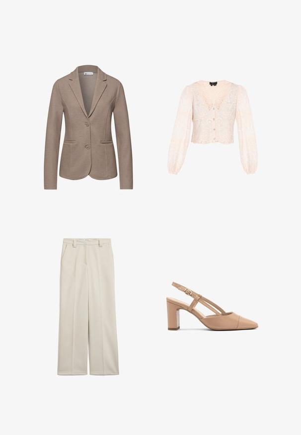 Taupe tekstureret dameblazer med hakket revers, to knapper og slidser i lommerne, skræddersyet pasform.; Lace cropped cardigan i lyserød, med dyb V-hals, lange puffærmer og knaplukning med delikate blomster mønstre.; Beige skræddersyede bukser lavet af et glat stof, med høj talje, læg og sidelommer. Lige ben design uden pynt.; Beige læder slingback hæle med spids tå, blokhæle og rem med en lille guld spænde. Glat tekstur, minimalistisk design.