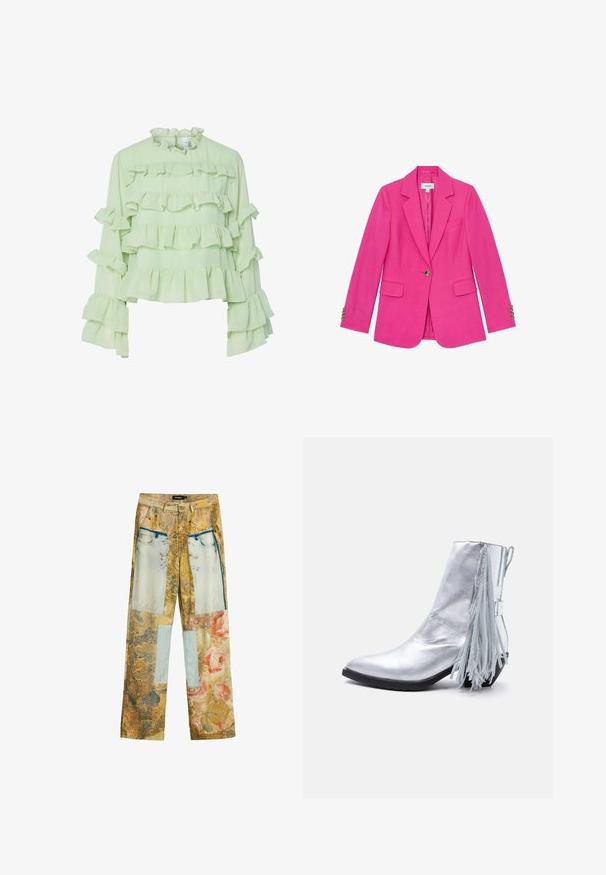 Blazer de mujer de color rosa brillante con un solo botón, solapas con muesca, bolsillos con solapa y puños con cuatro botones, presentado sobre fondo blanco.; Blusa verde clara con múltiples capas de volantes en el cuerpo y las mangas. Tejido suave con un alto collar con volantes y mangas largas y acampanadas.; Pantalones con estampado floral y color beige, con grandes parches rectangulares azules y detalles de imperdibles en los bolsillos frontales y las piernas.; Bota de tobillo plateada brillante con tacón bajo y detalle de flecos largos colgando del lado trasero.