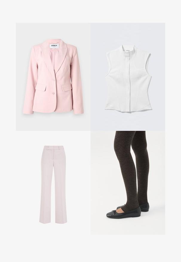 Blazer pour femmes sur mesure de couleur rose clair avec revers crantés, deux boutons et poches à rabat de chaque côté.; Chemisier blanc sans manches avec col montant, coupe ajustée, tissu subtilement texturé et patte de boutonnage centrale. Aucune quincaillerie visible ni motifs.; Pantalon rose pâle à jambes droites avec passants de ceinture et détails de couture avant, présenté sur un fond blanc.; Jambes portant des leggings côtelés foncés associés à des ballerines noires avec de petits détails en nœud sur fond blanc.