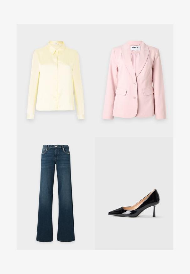 Blazer pour femmes sur mesure de couleur rose clair avec revers crantés, deux boutons et poches à rabat de chaque côté.; Blouse en satin jaune pâle à manches longues avec une fermeture à boutons sur le devant et un col classique sur un fond uni.; Jean évasé bleu foncé avec des clous argentés dessinant les poches avant, une fermeture à bouton et des passants de ceinture, posé à plat sur un fond blanc.; Chaussure à talon aigu noir en cuir verni avec un bout pointu et un talon stiletto mince de hauteur intermédiaire sur fond blanc.