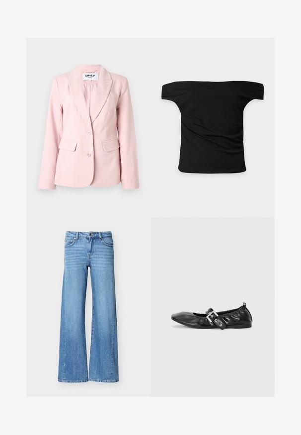 Lyserød skræddersyet dameblazer med hakkede revers, to knapper og klaplommer på hver side.; Sort off-shoulder top med korte ærmer, lige udskæring og lette folder i stoffet, vist mod en ensartet lys baggrund.; Lyseblå denimjeans med høj talje, knap- og lynlåslukning, forlommer og vide ben.; Sorte læder flade sko med spids tå, samling detaljer omkring åbningen, og en sølv spænde accent på den justerbare rem.