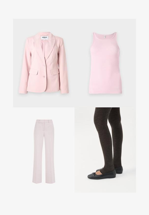 Blazer pour femmes sur mesure de couleur rose clair avec revers crantés, deux boutons et poches à rabat de chaque côté.; Débardeur rose à côtes avec un col rond et sans manches. La texture du tissu est lisse et ajustée, avec un ourlet net.; Pantalon rose pâle à jambes droites avec passants de ceinture et détails de couture avant, présenté sur un fond blanc.; Jambes portant des leggings côtelés foncés associés à des ballerines noires avec de petits détails en nœud sur fond blanc.