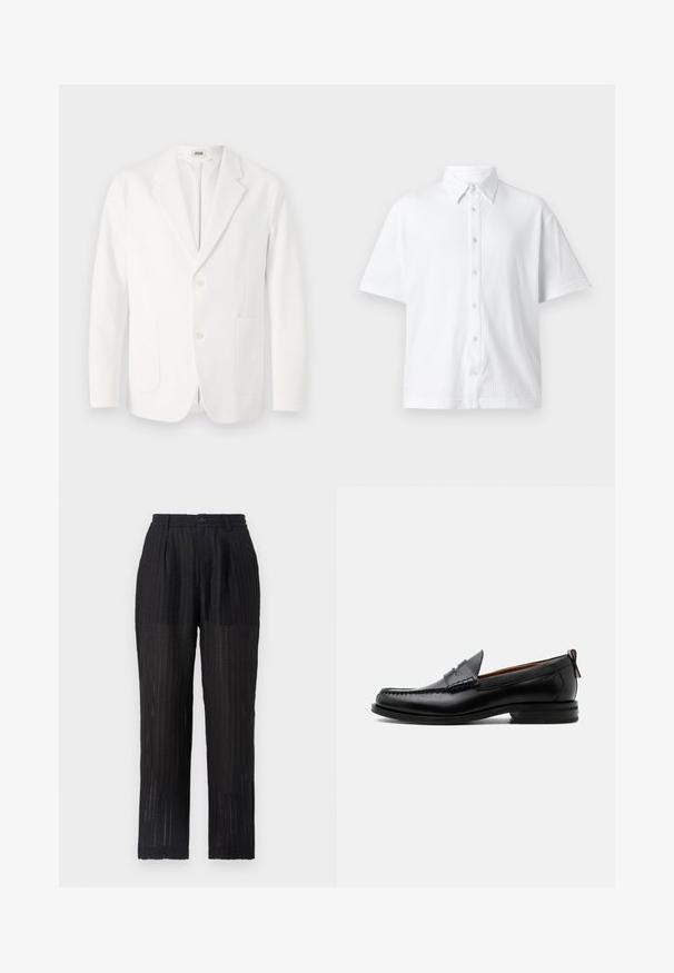 Hvid blazer lavet af glat stof, med somme lapel, to knapper og to forlommer. Enkel, skræddersyet design.; Hvid kortærmet skjorte med knapper lavet af tekstureret stof, med en klassisk krave og et linjemønster. Seks knapper langs forsiden.; Sorte, plisserede bukser med et tekstureret, mønstret stof. Har en elastisk talje og knaplukning, lige ben-design.; Sort læder herre loafer med moc-tå syning, penny strop, struktureret krave og lav stablet hæl på hvid baggrund.